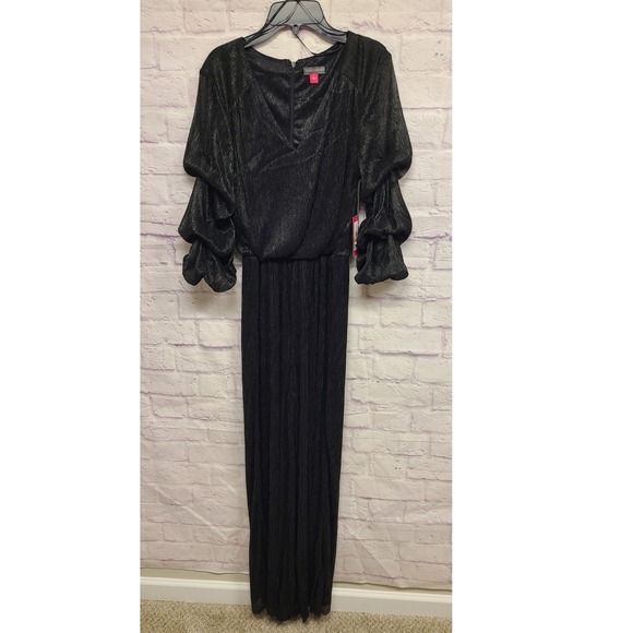 Vince Camuto Black Metallic Ribbed Puff Sleeve Jumpsuit Women's Size S - Picture 3 of 12